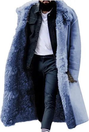 evzosrz Mens Sherpa Lined Long Jackets Faux Leather Shearling Fur Collar Jacket Trench Coats Sheepskin Fleece Winter Coat