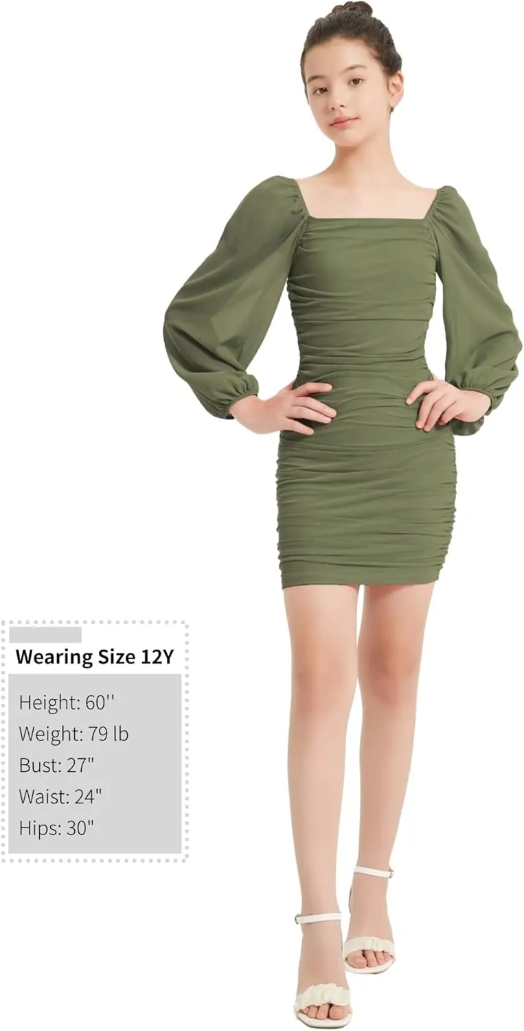 EXARUS Girls Ruched Bodycon Dress Teens Mesh Lantern Sleeve Party Dance Homecoming Tight Short Pencil Dresses