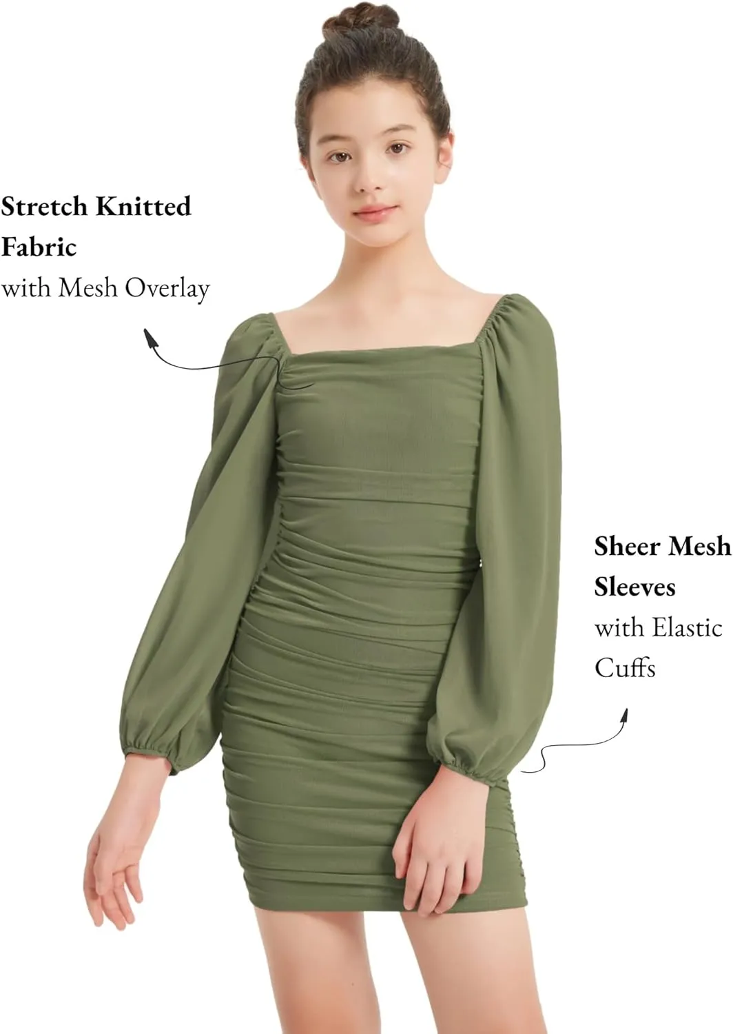 EXARUS Girls Ruched Bodycon Dress Teens Mesh Lantern Sleeve Party Dance Homecoming Tight Short Pencil Dresses