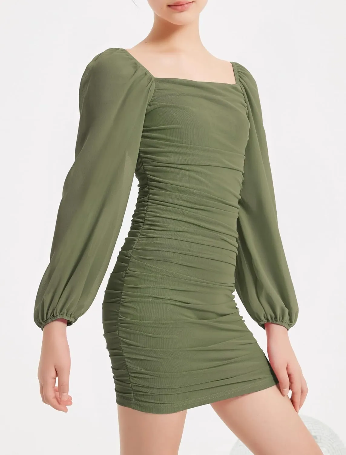 EXARUS Girls Ruched Bodycon Dress Teens Mesh Lantern Sleeve Party Dance Homecoming Tight Short Pencil Dresses
