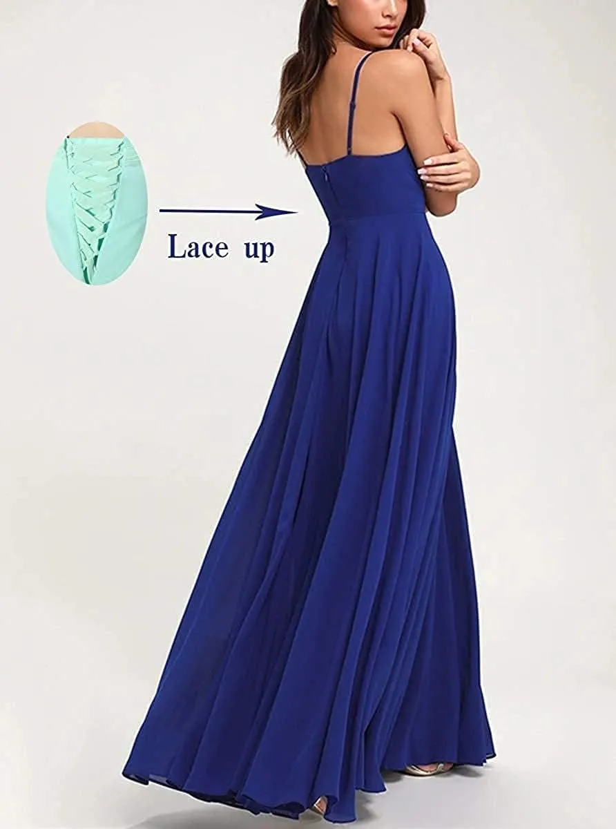 Fanciest Spaghetti Straps V Neck Bridesmaid Dresses Long Chiffon Wedding Fomal Evening Gowns