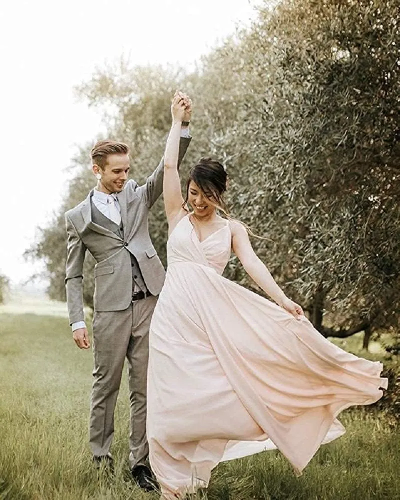 Fanciest Spaghetti Straps V Neck Bridesmaid Dresses Long Chiffon Wedding Fomal Evening Gowns