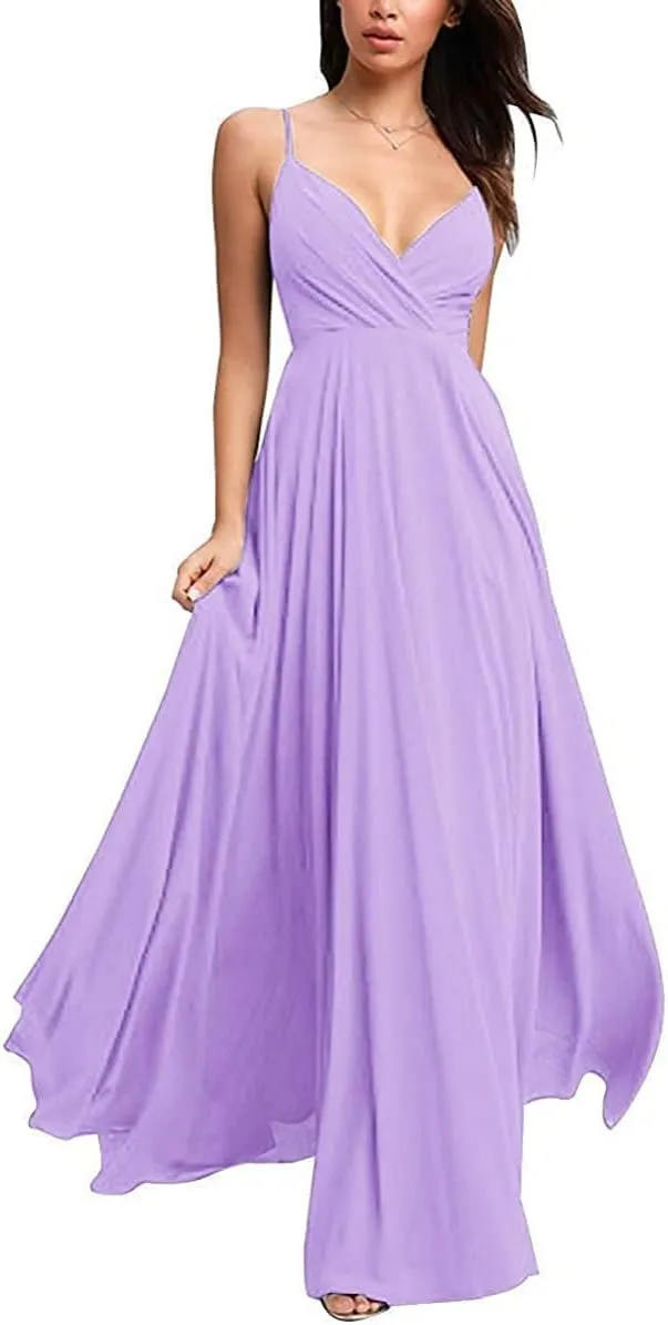 Fanciest Spaghetti Straps V Neck Bridesmaid Dresses Long Chiffon Wedding Fomal Evening Gowns