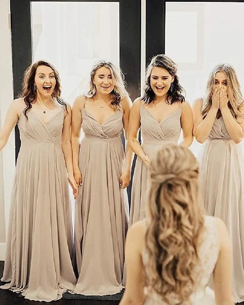 Fanciest Spaghetti Straps V Neck Bridesmaid Dresses Long Chiffon Wedding Fomal Evening Gowns