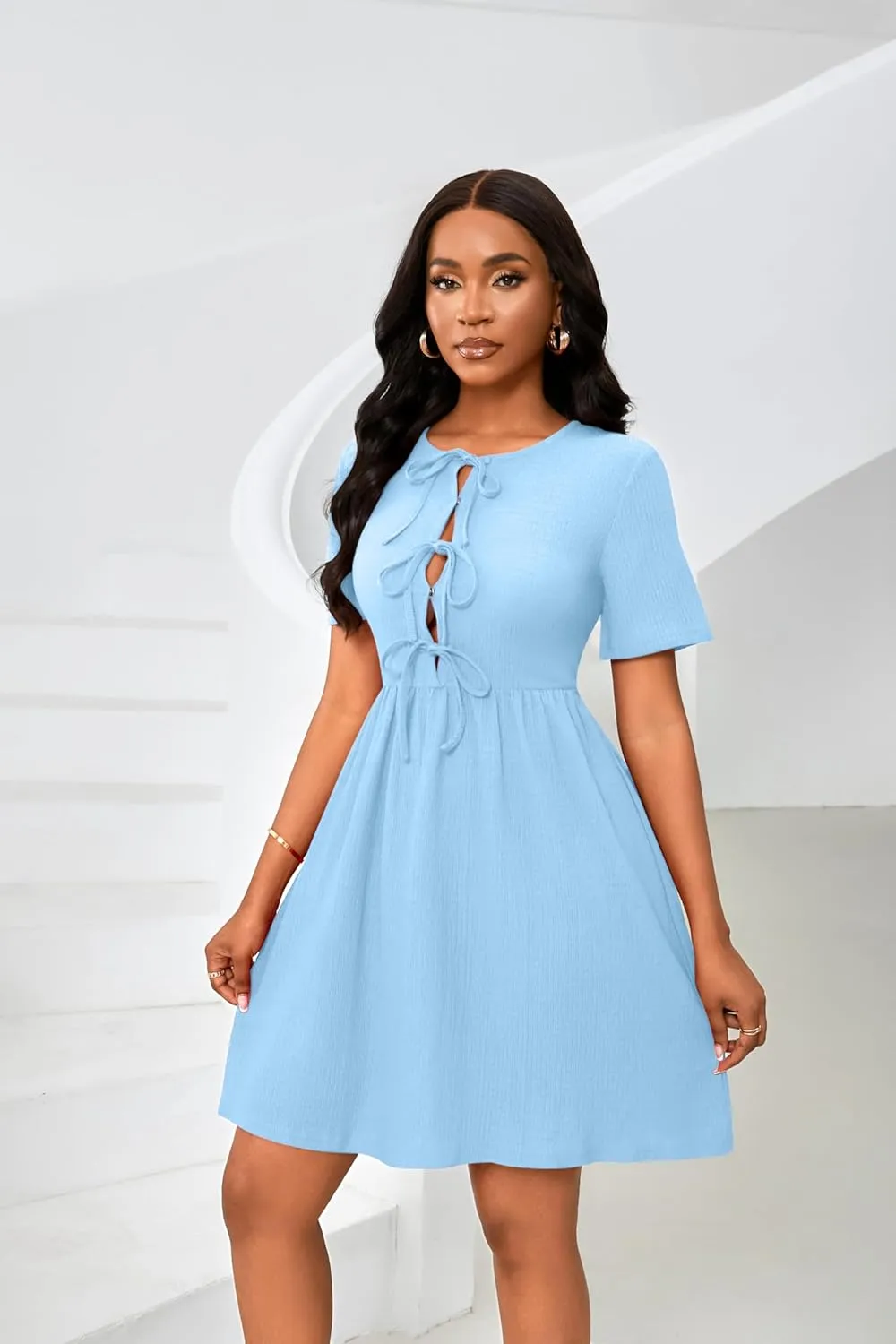 FANDEE Summer Dress for Women Short Sleeve Self Bow Tie Front A Line Pleated Cute Mini Tunic Dresses M-3XL