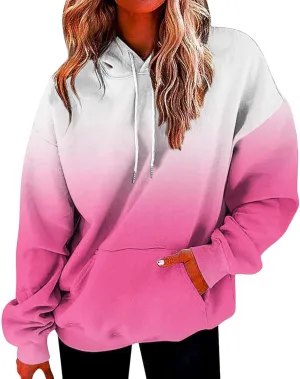 Fashion Ombre Tie Dye Hoodies for Teen Girls, Womens Casual Long Sleeve Hooded Pullover Gradient Baggy Sweatshirts