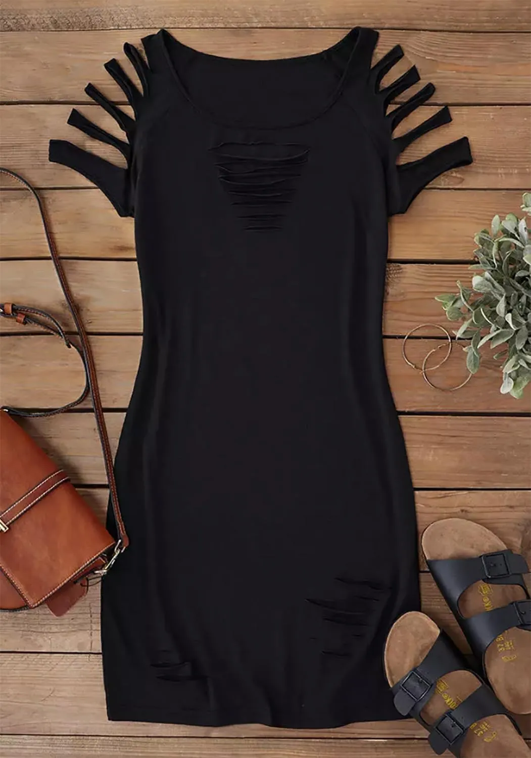 FECAFO Cut Out Hollow Out Ruched Slit Bodycon Dress for Women Sexy Side Slit Drawstring Club Party Short Sleeve Midi Dresses