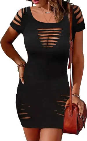 FECAFO Cut Out Hollow Out Ruched Slit Bodycon Dress for Women Sexy Side Slit Drawstring Club Party Short Sleeve Midi Dresses