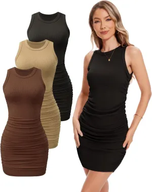 Femdouce 3 Pack Women's Summer Ruched Sleeveless Dresses Slim Fit Crew Neck Ribbed Casual Party Club Mini Bodycon Dress