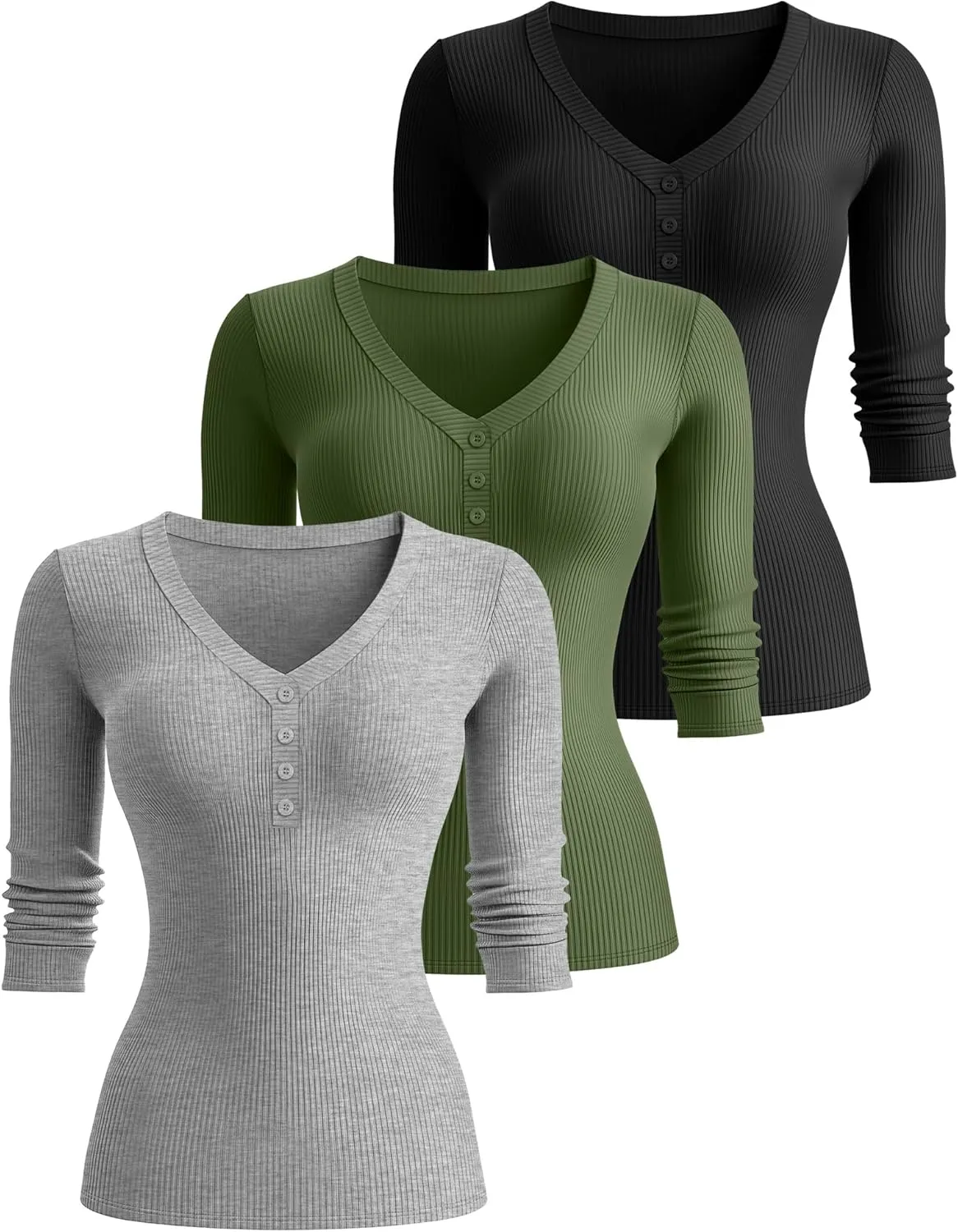 Ficerd 3 Pack Women's 3/4 Sleeve Henley Shirts, Cotton V Neck Ribbed Knit Slim Fit Shirts Tight Basic Tee