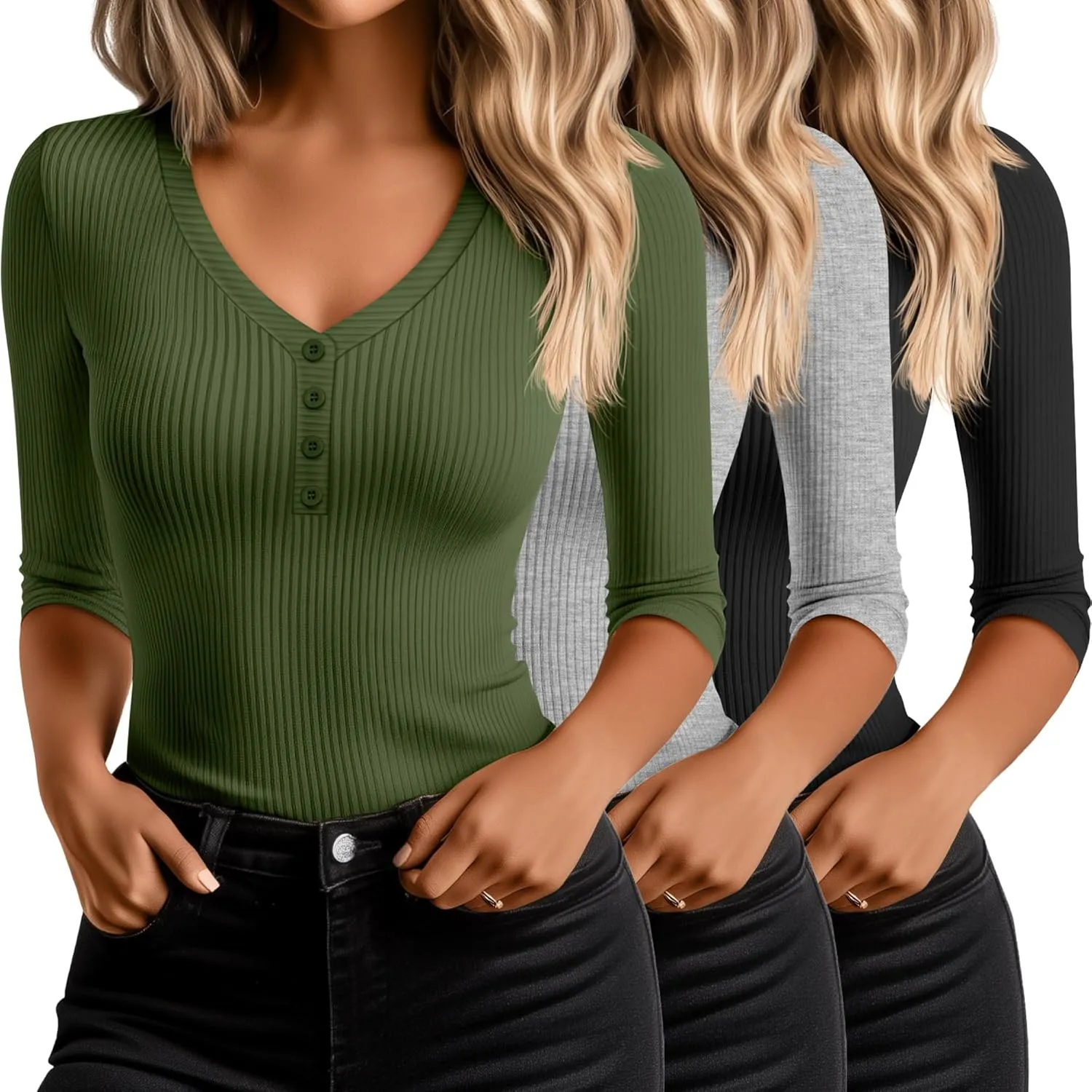 Ficerd 3 Pack Women's 3/4 Sleeve Henley Shirts, Cotton V Neck Ribbed Knit Slim Fit Shirts Tight Basic Tee