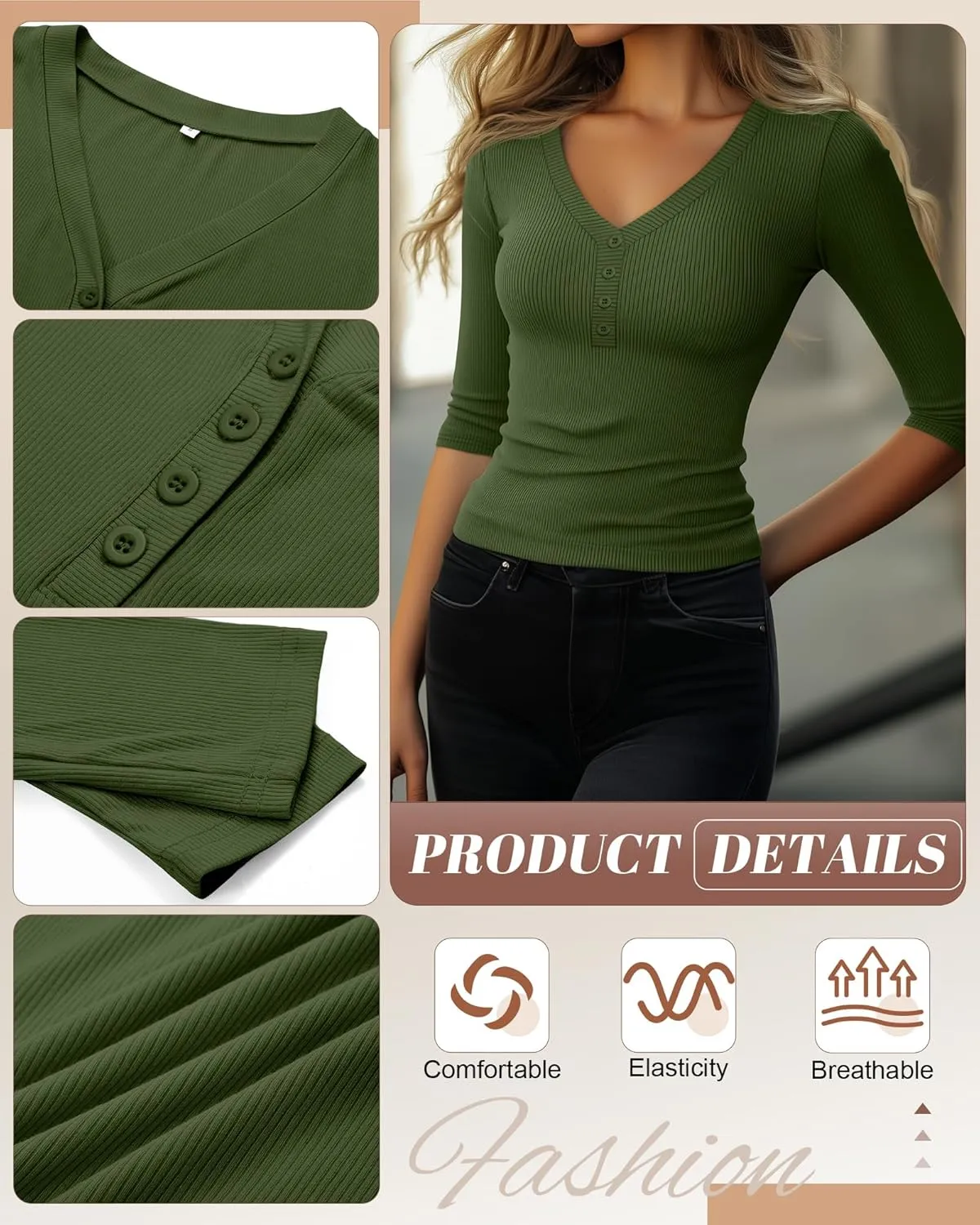 Ficerd 3 Pack Women's 3/4 Sleeve Henley Shirts, Cotton V Neck Ribbed Knit Slim Fit Shirts Tight Basic Tee