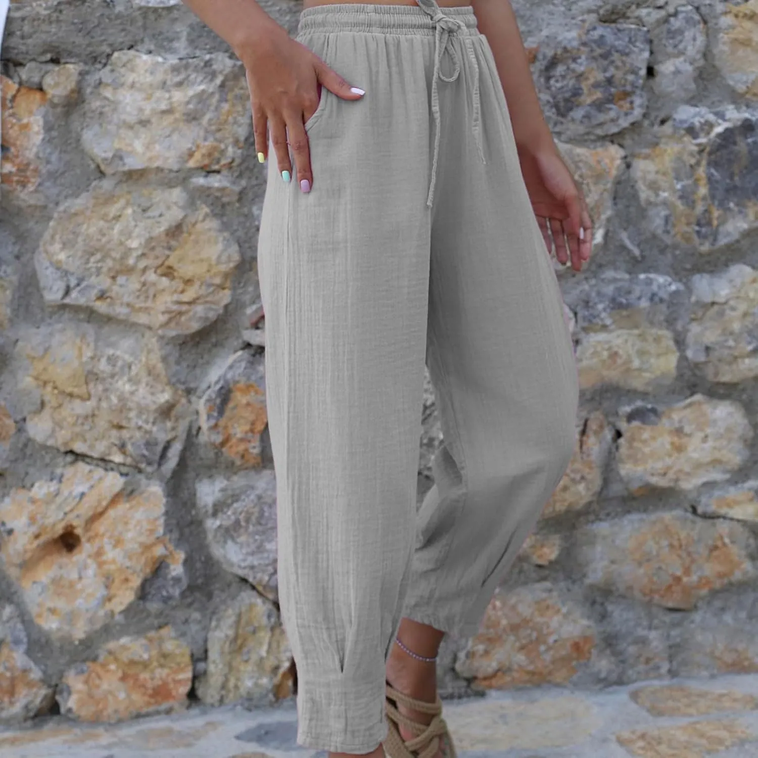 Firzero Womens Casual Pants for Summer Straight Leg Pants Elastic High Waist Flowy Trousers Comfy Loose Fit Beach Slacks