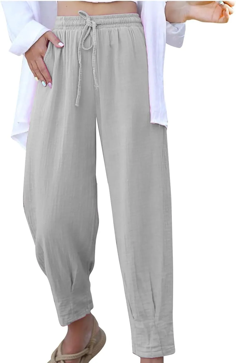 Firzero Womens Casual Pants for Summer Straight Leg Pants Elastic High Waist Flowy Trousers Comfy Loose Fit Beach Slacks