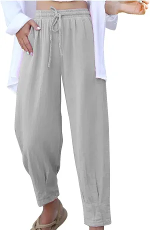 Firzero Womens Casual Pants for Summer Straight Leg Pants Elastic High Waist Flowy Trousers Comfy Loose Fit Beach Slacks