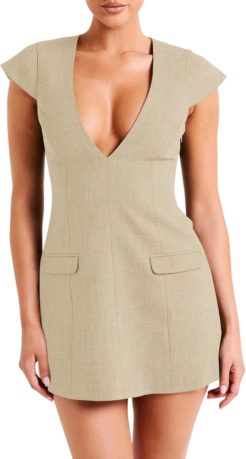 Fisoew Womens Sleeveless Blazer Dress Deep V Neck Cap Sleeve Sexy Slim Fitted Mini Dress