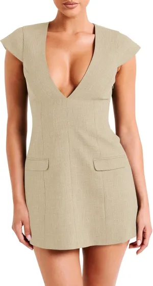 Fisoew Womens Sleeveless Blazer Dress Deep V Neck Cap Sleeve Sexy Slim Fitted Mini Dress