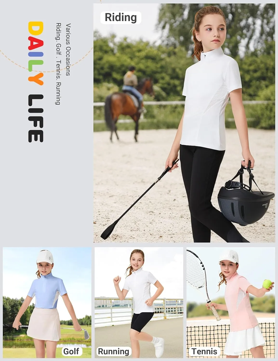 FitsT4 Sports Girls Short Sleeve Equestrian Shirt Quick Dry Horse Riding Shirts Half Zip Horseback Show Shirt