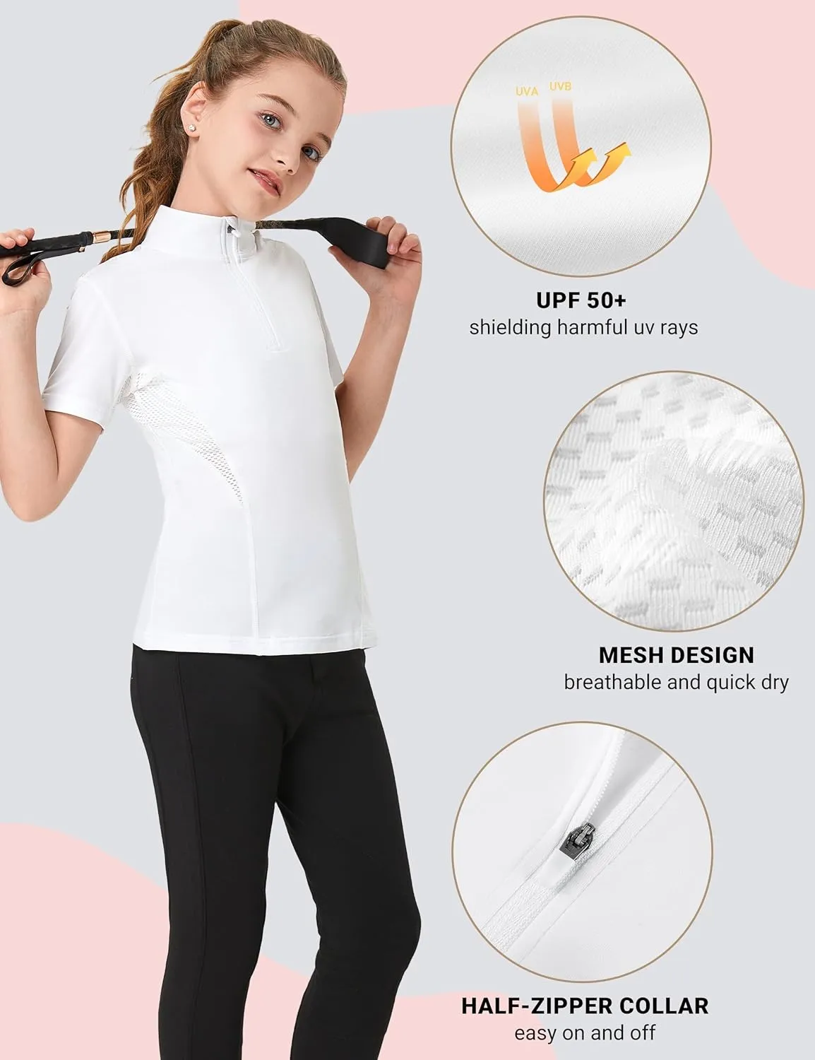 FitsT4 Sports Girls Short Sleeve Equestrian Shirt Quick Dry Horse Riding Shirts Half Zip Horseback Show Shirt