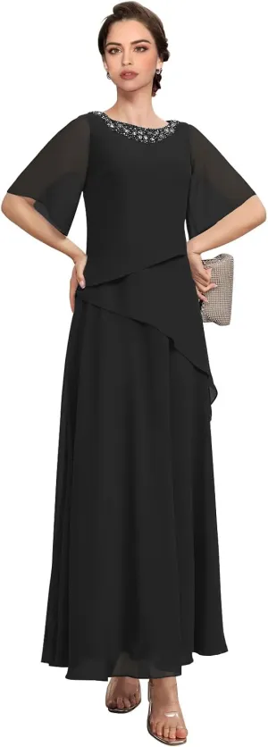 Floor Length Mother of The Bride Dresses for Women Short Sleeves with Beading Chiffon Formal Evening Gowns 2024