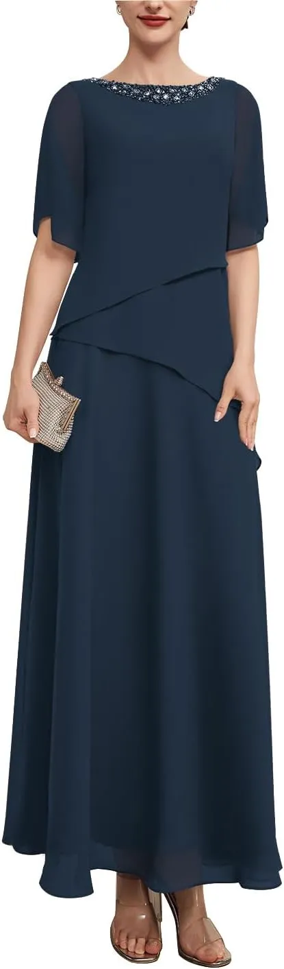 Floor Length Mother of The Bride Dresses for Women Short Sleeves with Beading Chiffon Formal Evening Gowns 2024