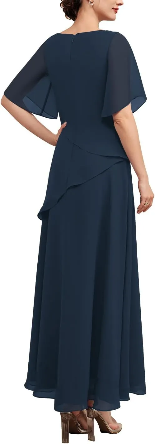 Floor Length Mother of The Bride Dresses for Women Short Sleeves with Beading Chiffon Formal Evening Gowns 2024