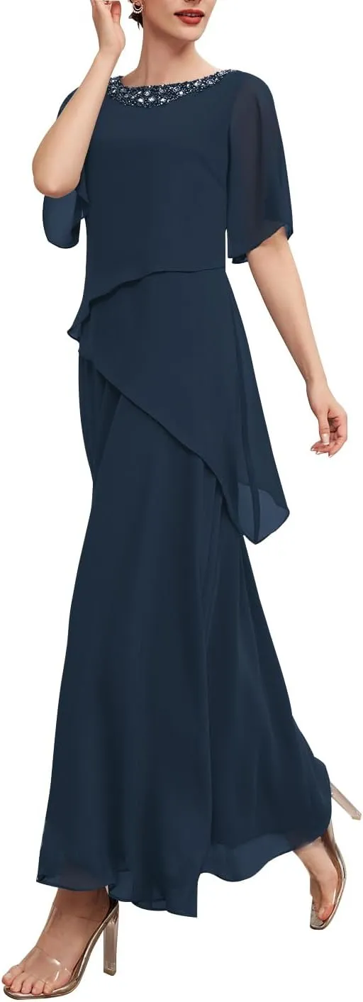 Floor Length Mother of The Bride Dresses for Women Short Sleeves with Beading Chiffon Formal Evening Gowns 2024