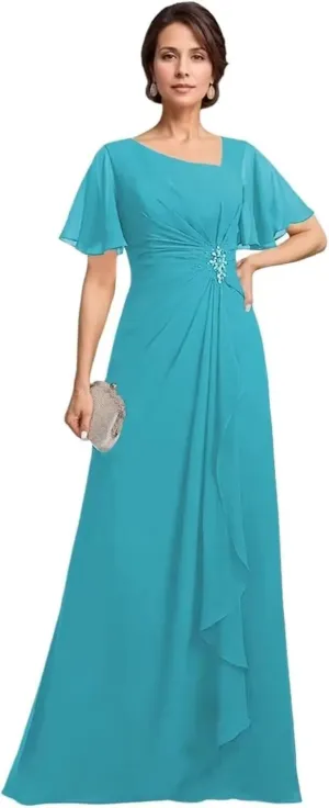 Flutter Sleeve Mother of The Bride Dresses for Wedding Sparkly Beaded Chiffon Pleated Formal Evening Dress for Women Elegant