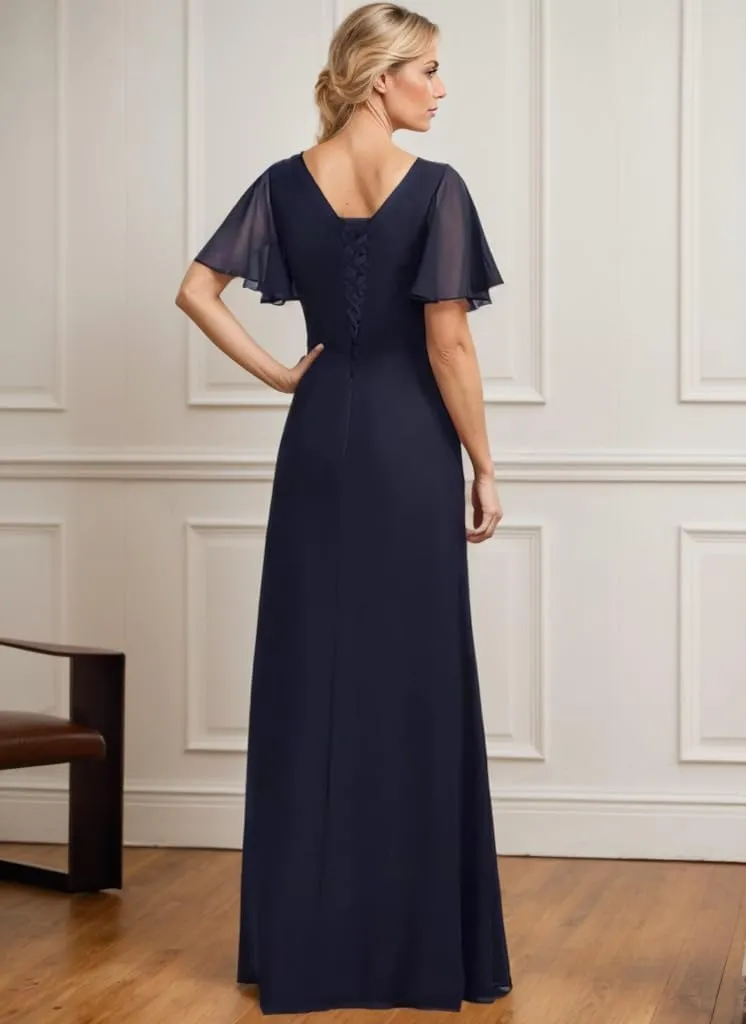 Flutter Sleeve Mother of The Bride Dresses for Wedding Sparkly Beaded Chiffon Pleated Formal Evening Dress for Women Elegant