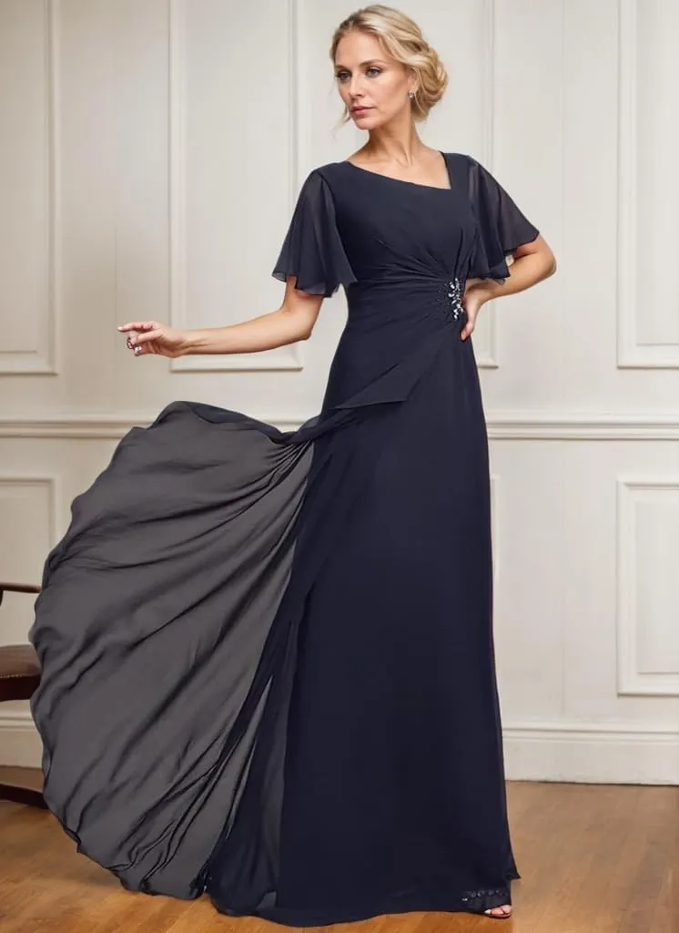 Flutter Sleeve Mother of The Bride Dresses for Wedding Sparkly Beaded Chiffon Pleated Formal Evening Dress for Women Elegant