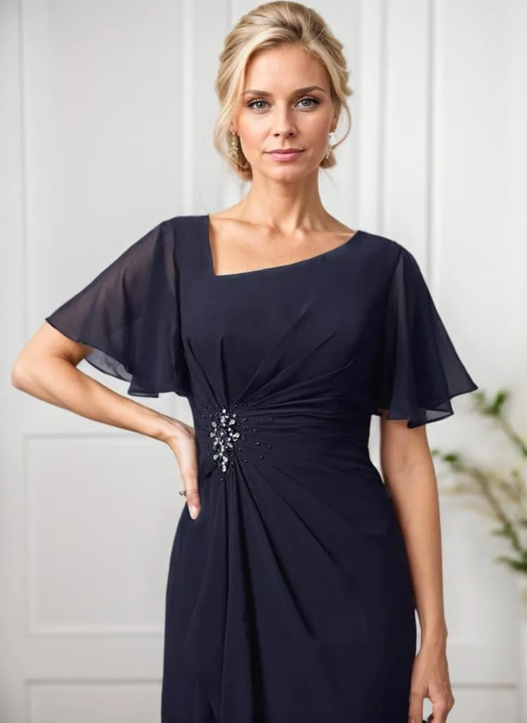 Flutter Sleeve Mother of The Bride Dresses for Wedding Sparkly Beaded Chiffon Pleated Formal Evening Dress for Women Elegant