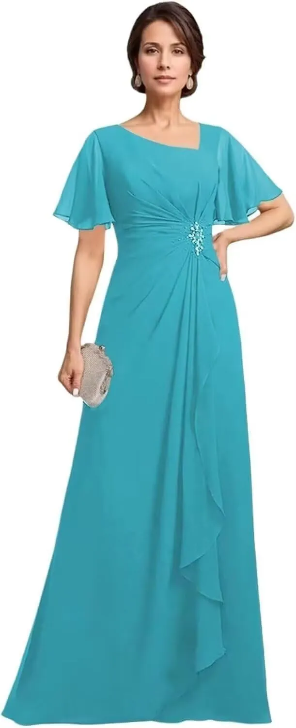 Flutter Sleeve Mother of The Bride Dresses for Wedding Sparkly Beaded Chiffon Pleated Formal Evening Dress for Women Elegant