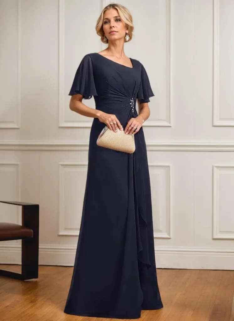 Flutter Sleeve Mother of The Bride Dresses for Wedding Sparkly Beaded Chiffon Pleated Formal Evening Dress for Women Elegant