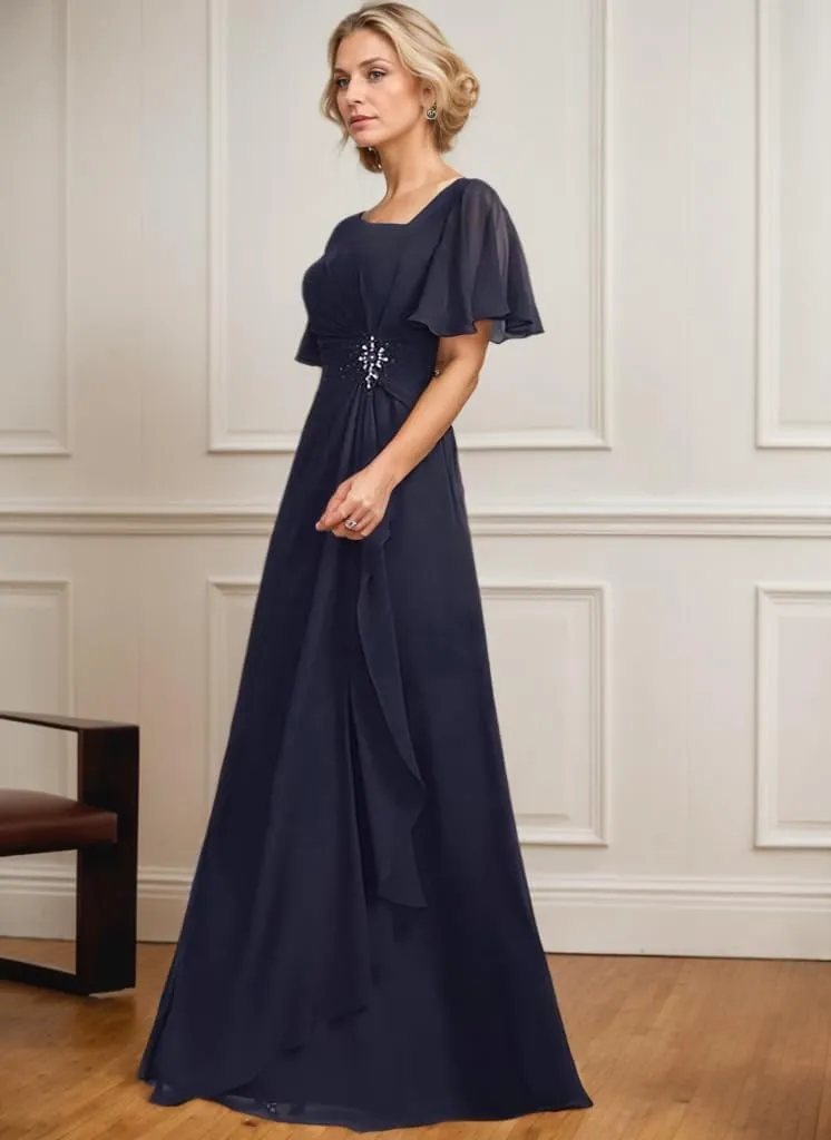 Flutter Sleeve Mother of The Bride Dresses for Wedding Sparkly Beaded Chiffon Pleated Formal Evening Dress for Women Elegant