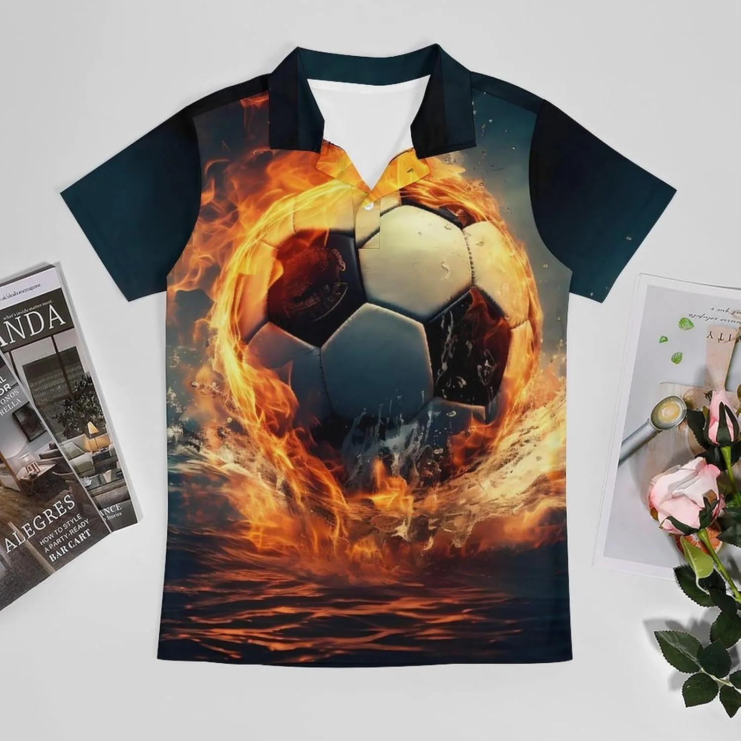 Football in Fire and Water Men's Polo Shirt Short Sleeve Casual Athletic Quick Dry Golf T-Shirts