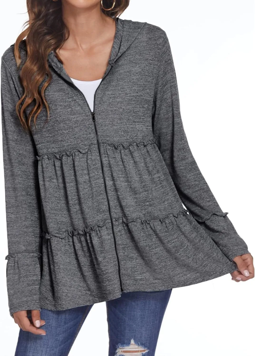 Full Zip Up Hoodie Women Pleated Tiered Ruffle Hooded Sweatshirt Lightweight Open Front Cardigan Coat Casual Jacket