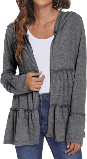 Full Zip Up Hoodie Women Pleated Tiered Ruffle Hooded Sweatshirt Lightweight Open Front Cardigan Coat Casual Jacket