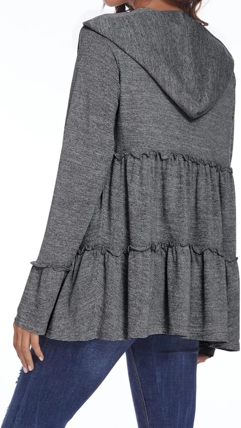 Full Zip Up Hoodie Women Pleated Tiered Ruffle Hooded Sweatshirt Lightweight Open Front Cardigan Coat Casual Jacket