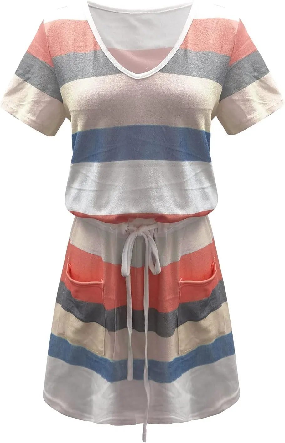 FZYLQY 2025 Trendy Womens Casual Dresses Short Sleeve Striped Drawstring Mini Dress Comfy Loose Fit Summer Beach Sundresses