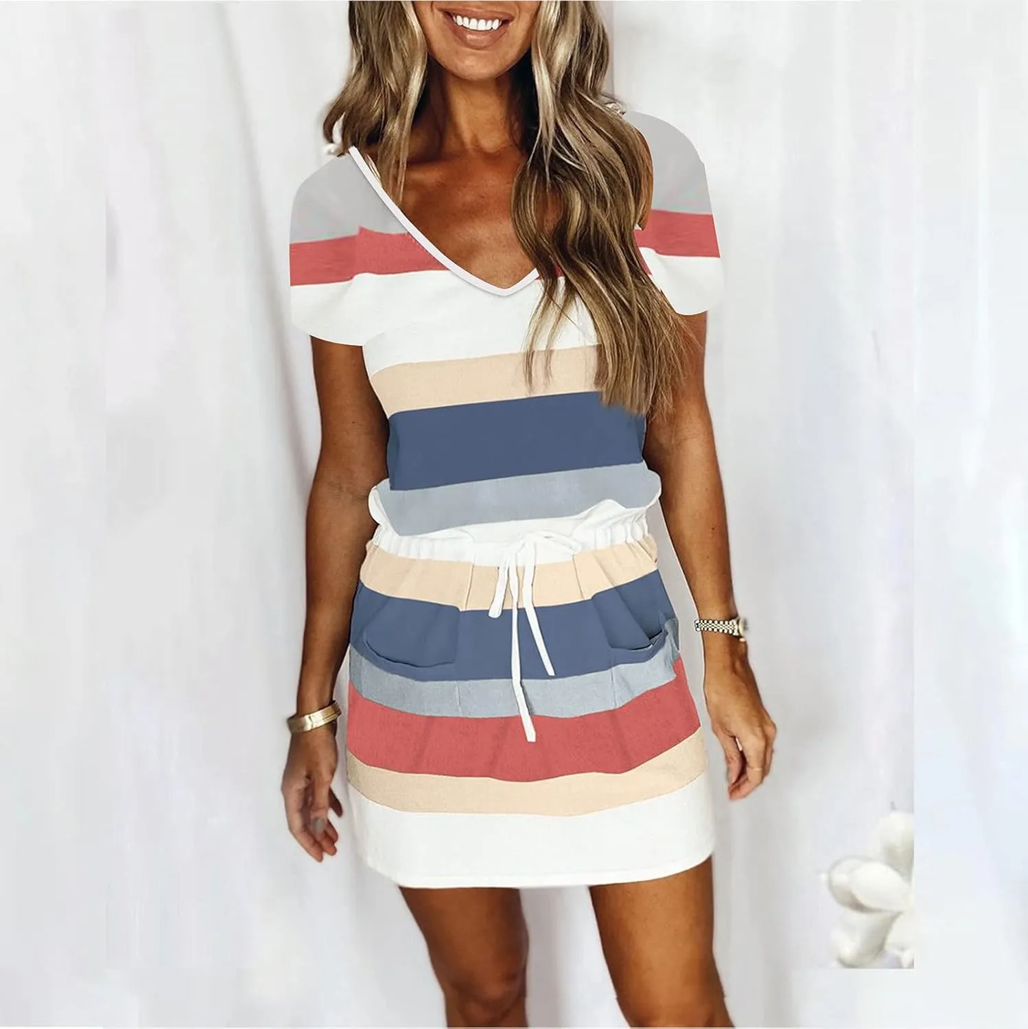 FZYLQY 2025 Trendy Womens Casual Dresses Short Sleeve Striped Drawstring Mini Dress Comfy Loose Fit Summer Beach Sundresses