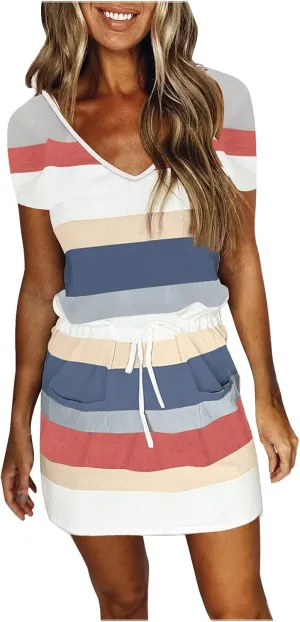 FZYLQY 2025 Trendy Womens Casual Dresses Short Sleeve Striped Drawstring Mini Dress Comfy Loose Fit Summer Beach Sundresses