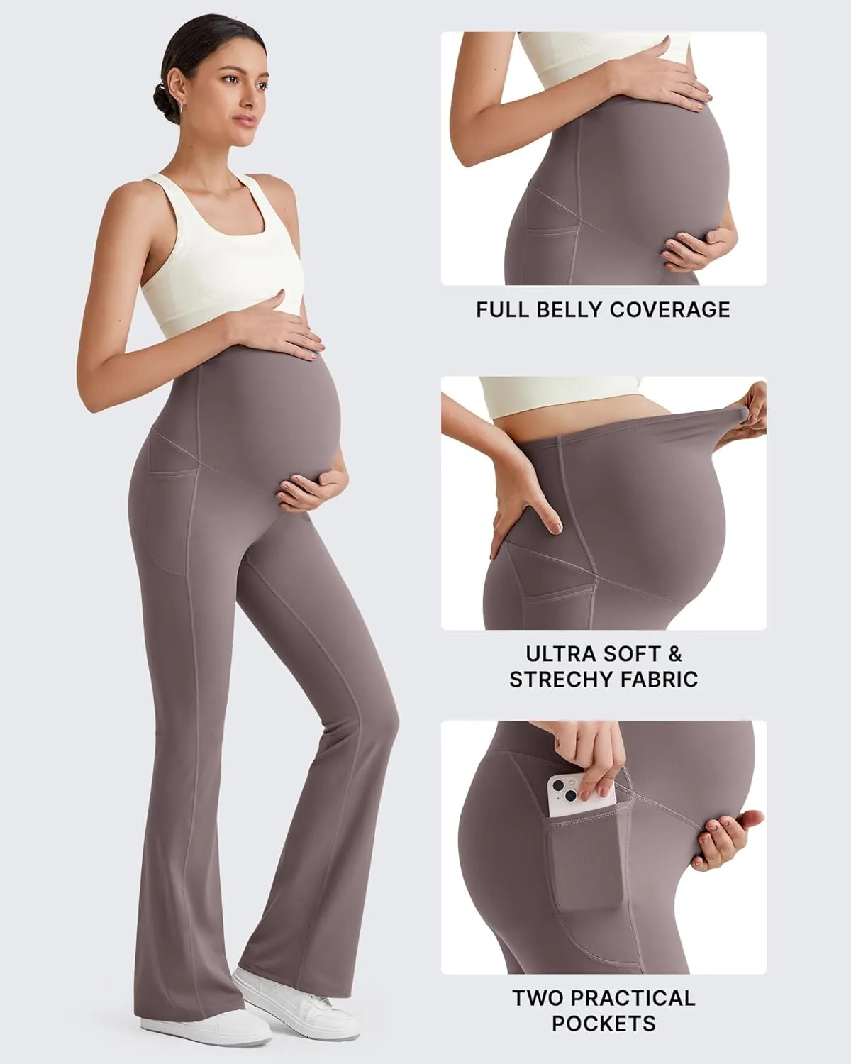 G4Free BareFeel Maternity Flare Leggings with Pockets Over The Belly Stretchy Casual Lounge Pregnancy Dress Pants for Work