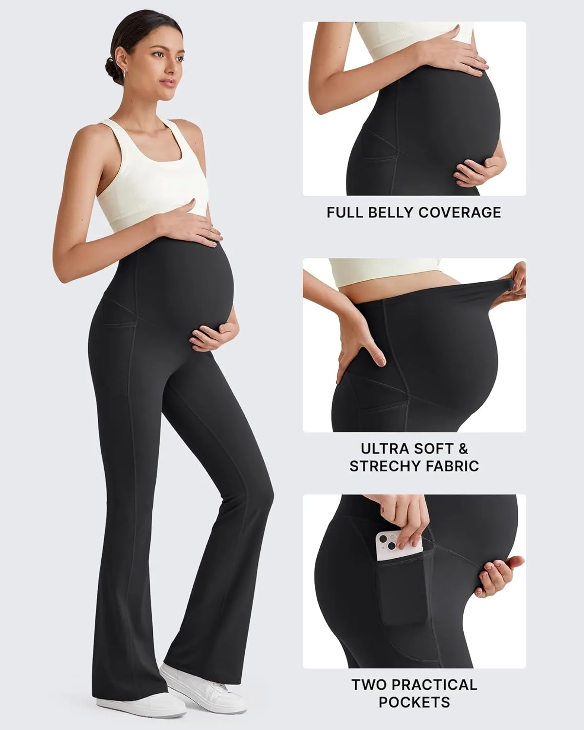 G4Free BareFeel Maternity Flare Leggings with Pockets Over The Belly Stretchy Casual Lounge Pregnancy Dress Pants for Work