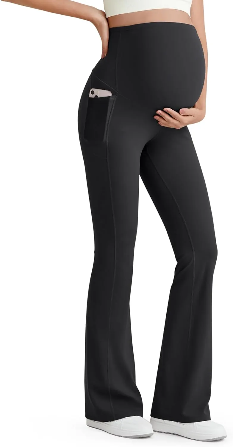 G4Free BareFeel Maternity Flare Leggings with Pockets Over The Belly Stretchy Casual Lounge Pregnancy Dress Pants for Work