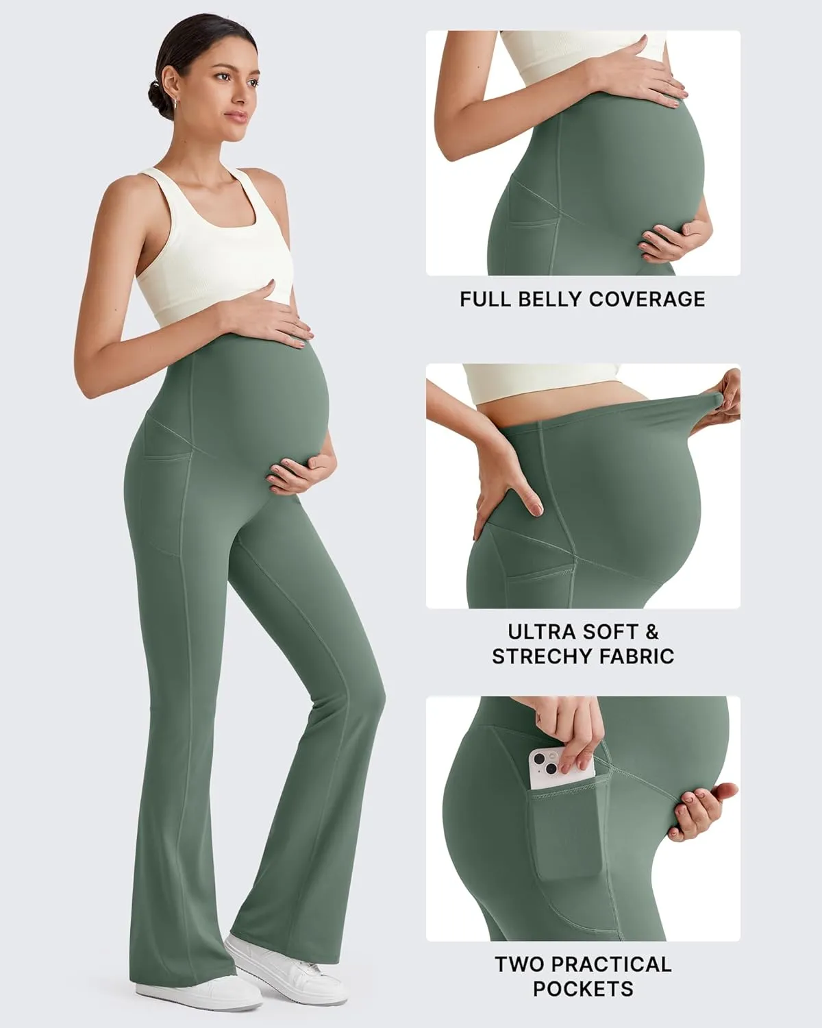 G4Free BareFeel Maternity Flare Leggings with Pockets Over The Belly Stretchy Casual Lounge Pregnancy Dress Pants for Work