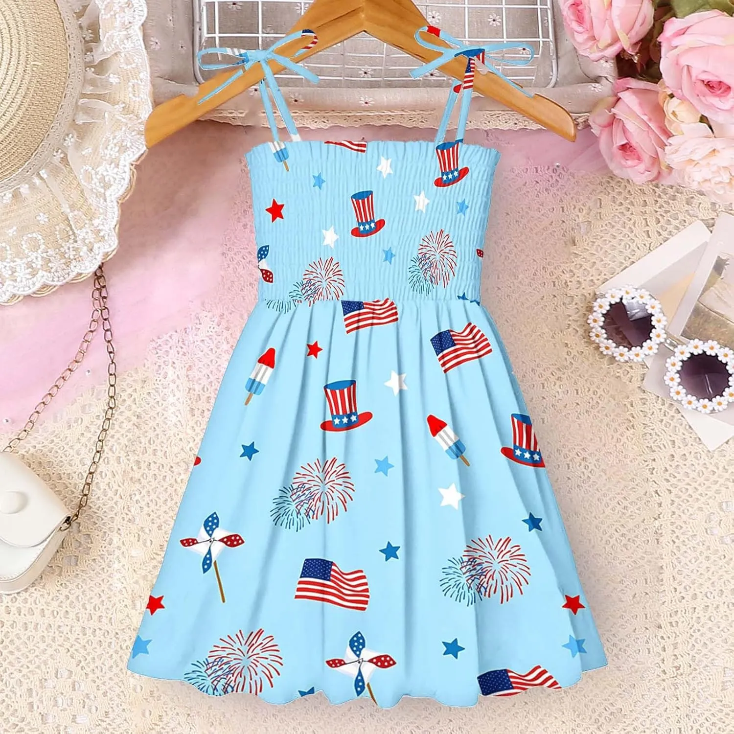 Girls Boho Dresses Cute Floral Sleeveless A Linen Sundress Kids Trendy Smocked Swing Midi Pleated Beach Dress Petite