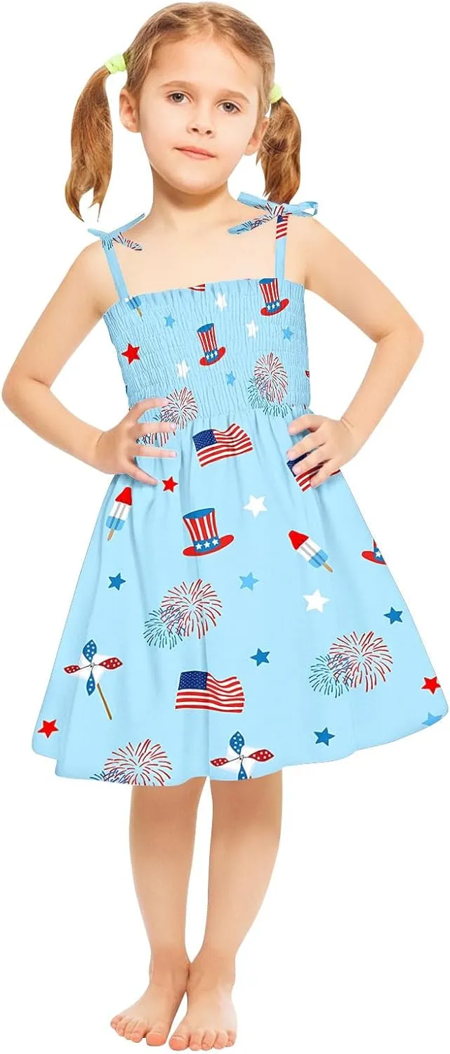 Girls Boho Dresses Cute Floral Sleeveless A Linen Sundress Kids Trendy Smocked Swing Midi Pleated Beach Dress Petite