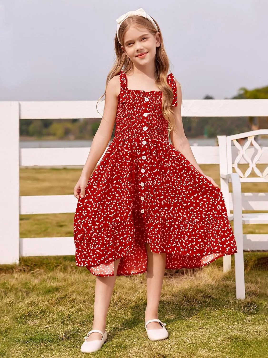 Girls Summer Dress Kids Sleeveless Tie Strap Boho Beach Midi Dress Smocked Ruffle Flowy Sundresses