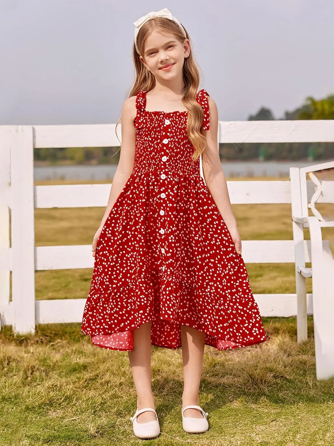 Girls Summer Dress Kids Sleeveless Tie Strap Boho Beach Midi Dress Smocked Ruffle Flowy Sundresses