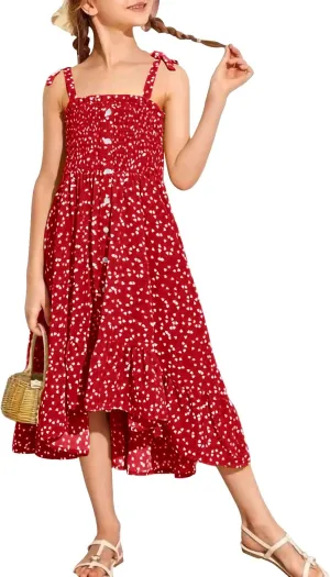 Girls Summer Dress Kids Sleeveless Tie Strap Boho Beach Midi Dress Smocked Ruffle Flowy Sundresses